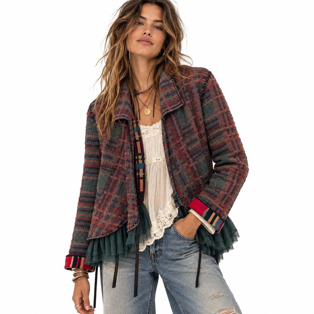 Anthropologie Sparrow Cascading Tulle Cardigan Jacket Womens M Wool Angora Plaid